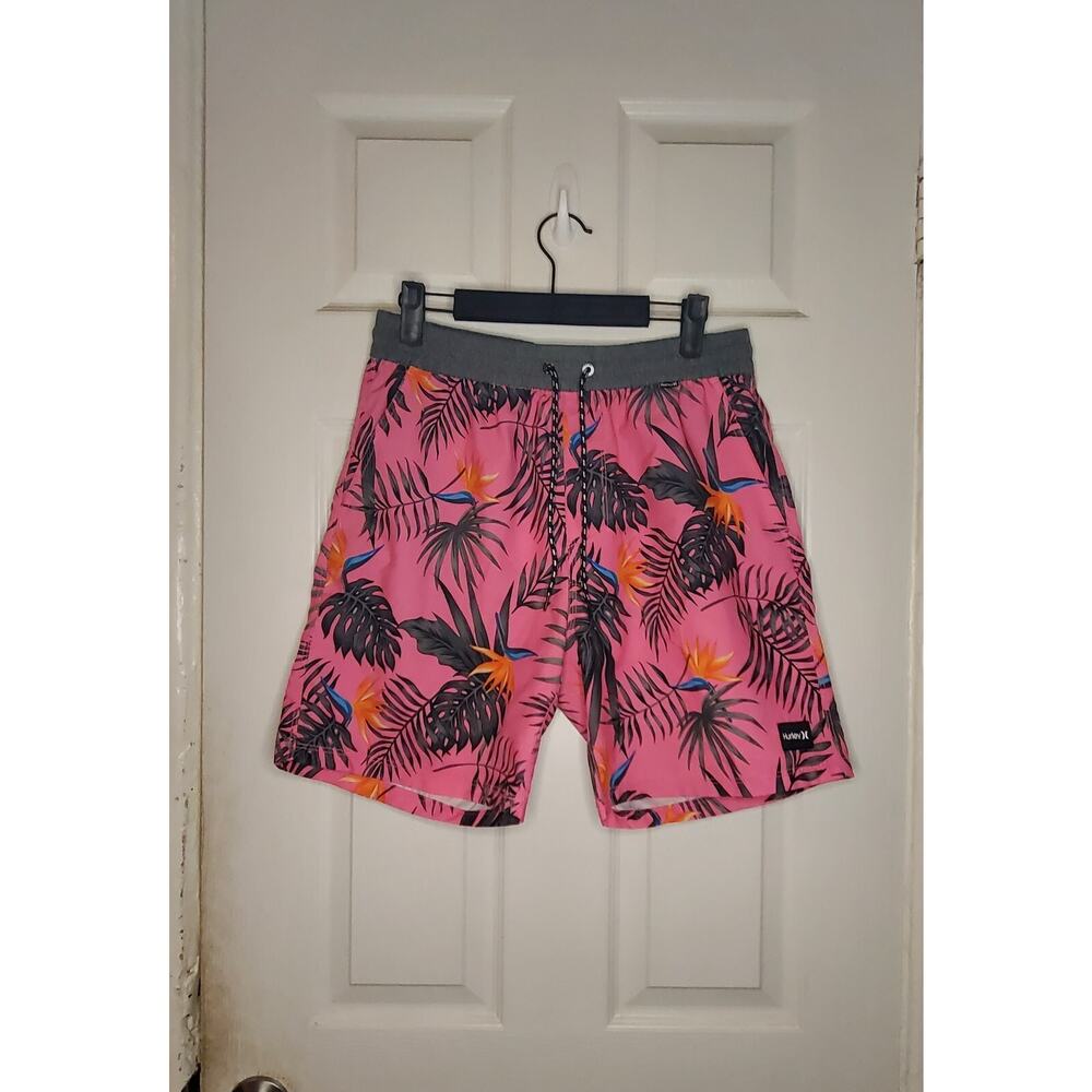 Hurley Phantom Hybrid Board Shorts Mens Size S Floral Gray Pink Back Pocket
